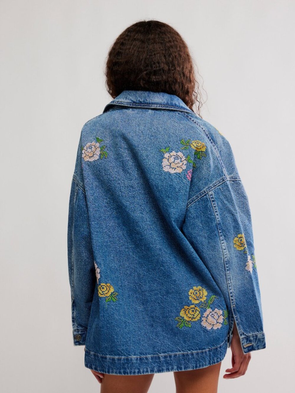 Free People Blue Denim Jean Jacket with Embroidered Floral Motif - Picture 3 of 9
